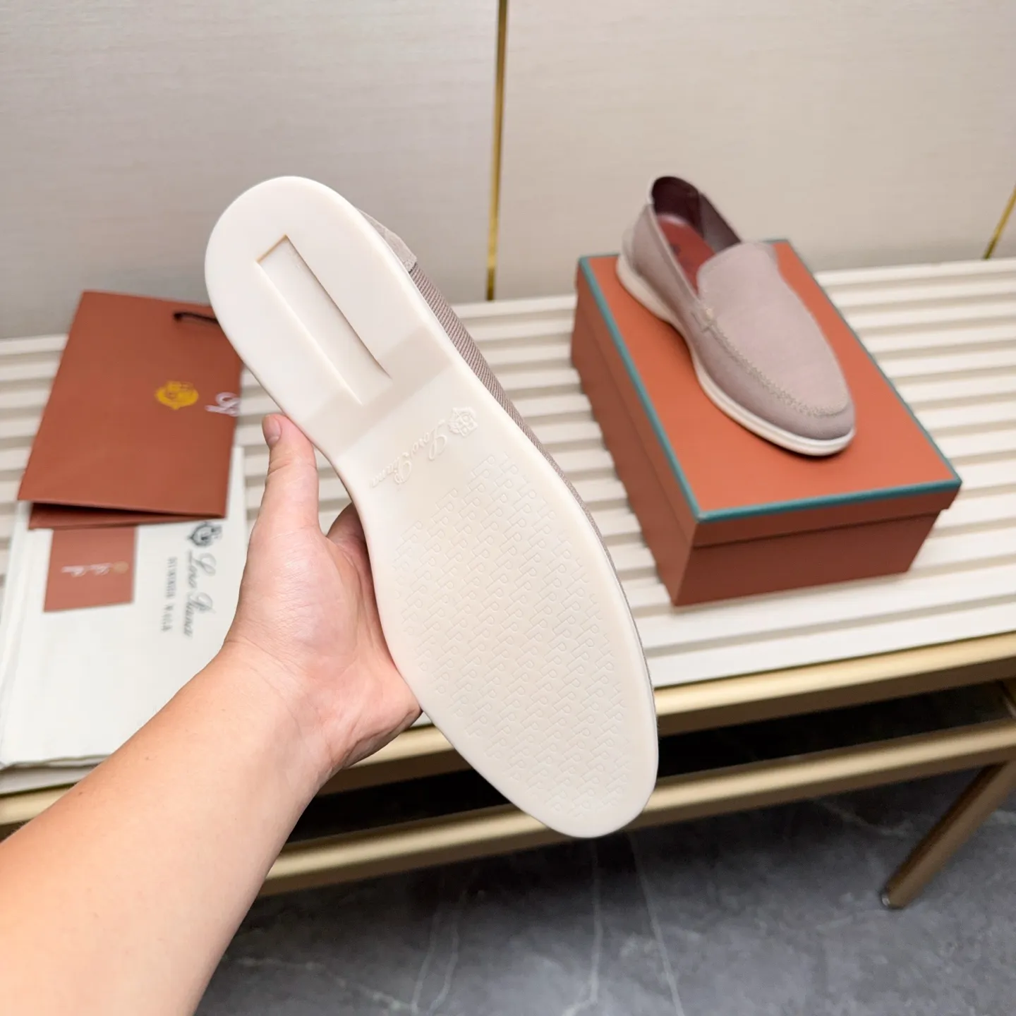 Men's Men's Shoes 💰400 Loro PIana moccasins are made of wish wool fabric. The upper is made of knitted fabric, made on a loom, and then attached to a rubber sole. The Rain System's water-repellent treatment enhances the shoe's functional design, while the suede details give the shoe a sense of elegance and sophistication. Made from Wish, fine wool from Australian and New Zealand Merino sheep